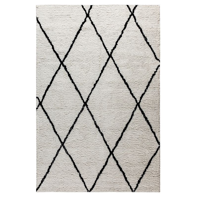 Merrick Lane 5' x 7' Ivory and Black Shag Style Diamond Trellis Area Rug