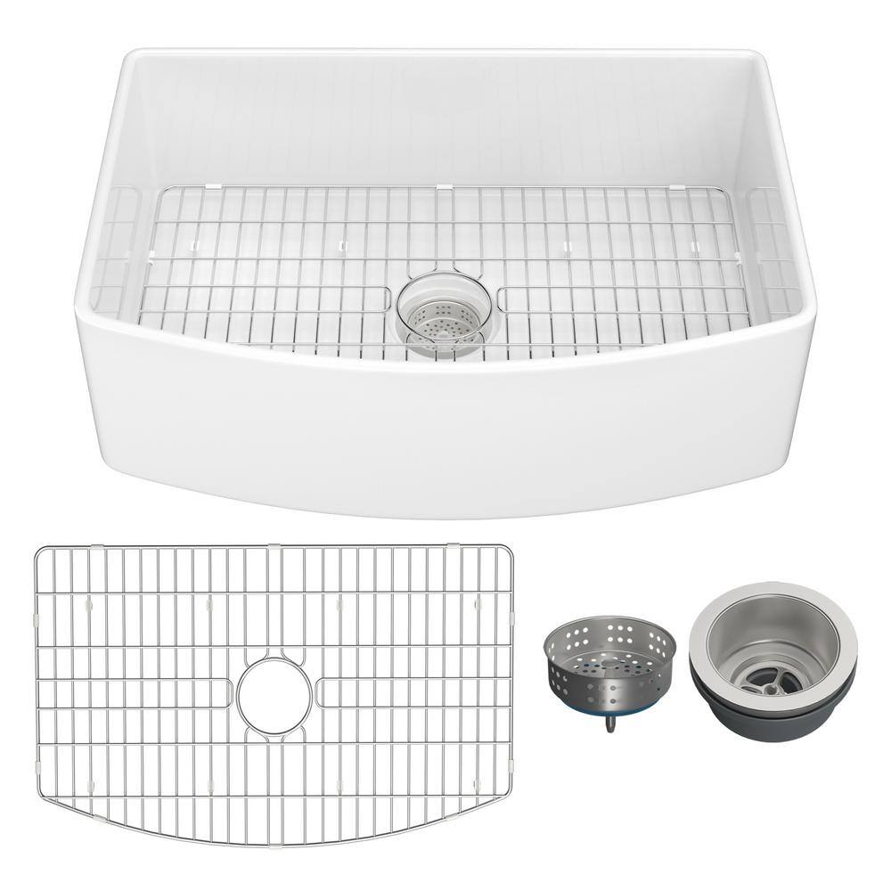 White Fireclay 30 in. Single Bowl Farmhouse Apron Kitchen Sink with Bottom Grid and Basket Strainer HKD-301810C-W