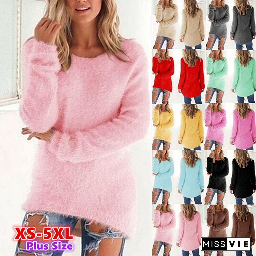 New Autumn and Winter Solid Color Warm Pullover Tops Women Long Sleeve Knitted Sweaters Plus Size