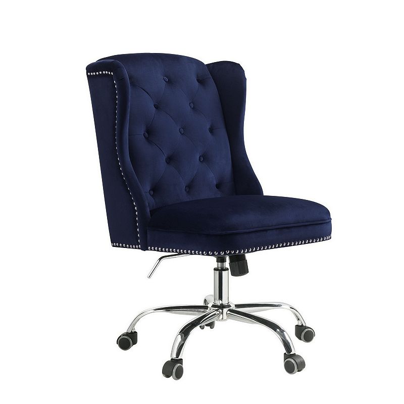 Velvet Upholstered Armless Swivel and Adjustable Tufted Office Chair， Blue