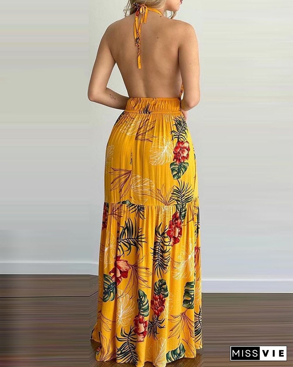 Women Summer Spring Tropical Print Halter Backless Maxi Dress Vacation Sleeveless Sexy Boho Beach Dress Casual Floral