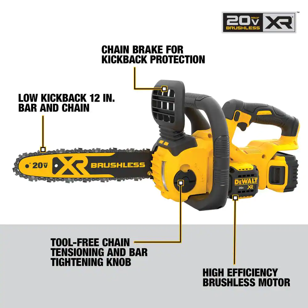 DEWALT DCCS620P1 12 in. 20V MAX Lithium-Ion Cordless Brushless Chainsaw with (1) 5.0Ah Battery and Charger Included