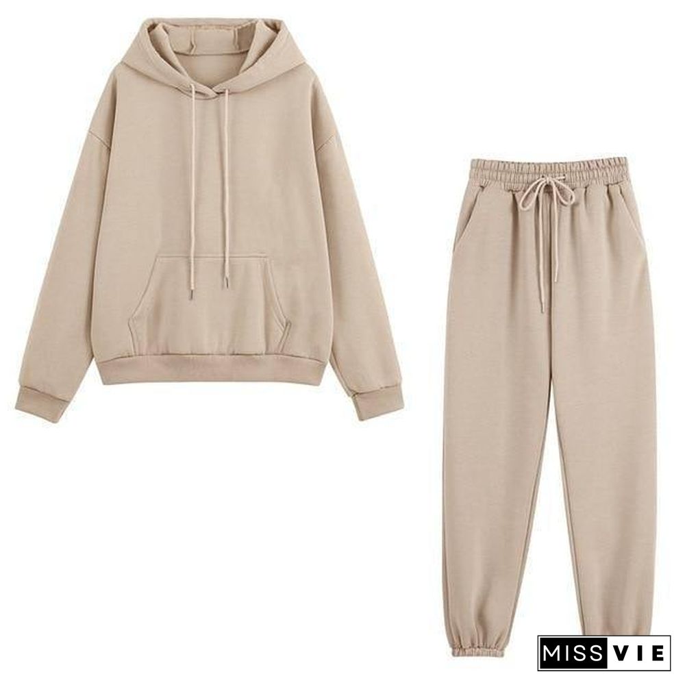 Fleece Tracksuits Women Two Pieces Set Hooded Oversized Sweatshirt Pants Solid Color Hoodie Suits Autumn Winter Casual Outfits