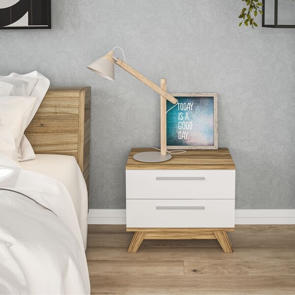 Boahaus Ibiza Nightstand， White - Brown， 2 drawers， wood legs - - 31793665