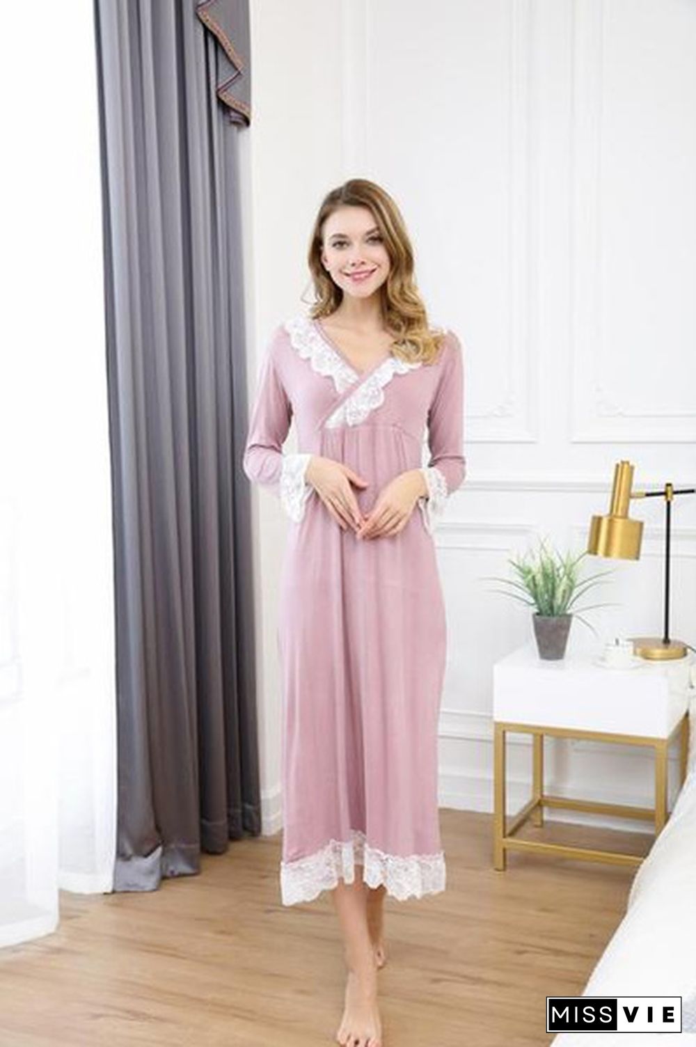 Spring Autumn Women Nightgown Long Sleeve Cotton Nightwear Lace Sexy Home Dressing Gown Sweet Nightdress Nightwear M-XXL