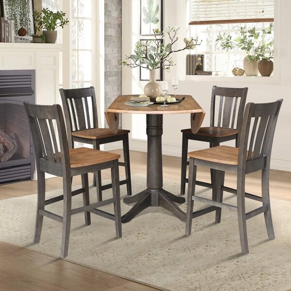 42 in. Round Dual Drop Leaf Counter Height Dining Table with 4 Splatback Stools in Hickory/Washed Coal - 5 Piece Set