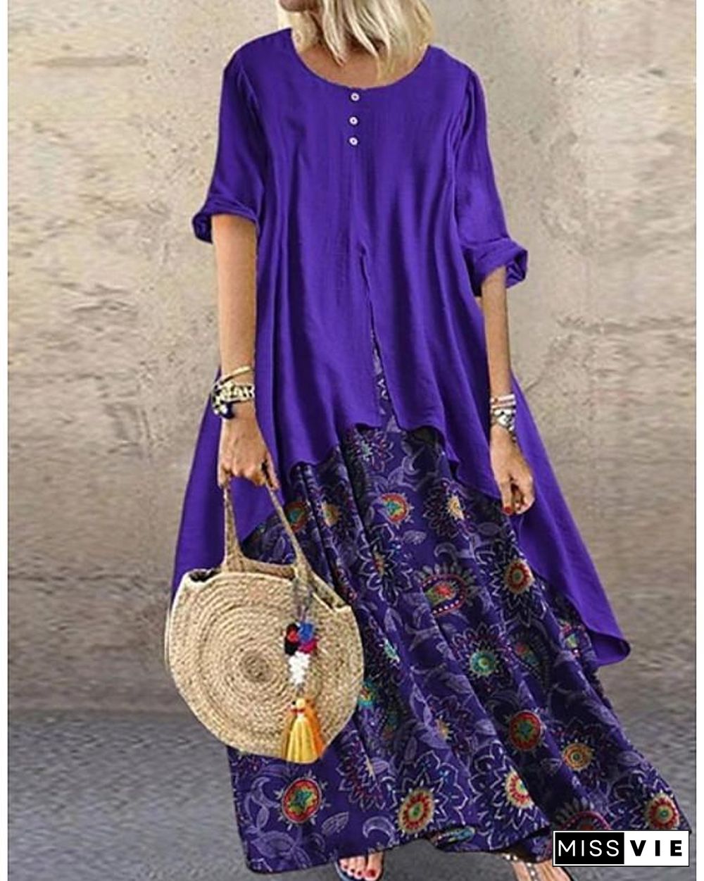 Women's Swing Dress Maxi long Dress - Half Sleeve Polka Dot Plus Size Hot Purple Red Yellow Brown M L XL XXL 3XL 4XL 5XL