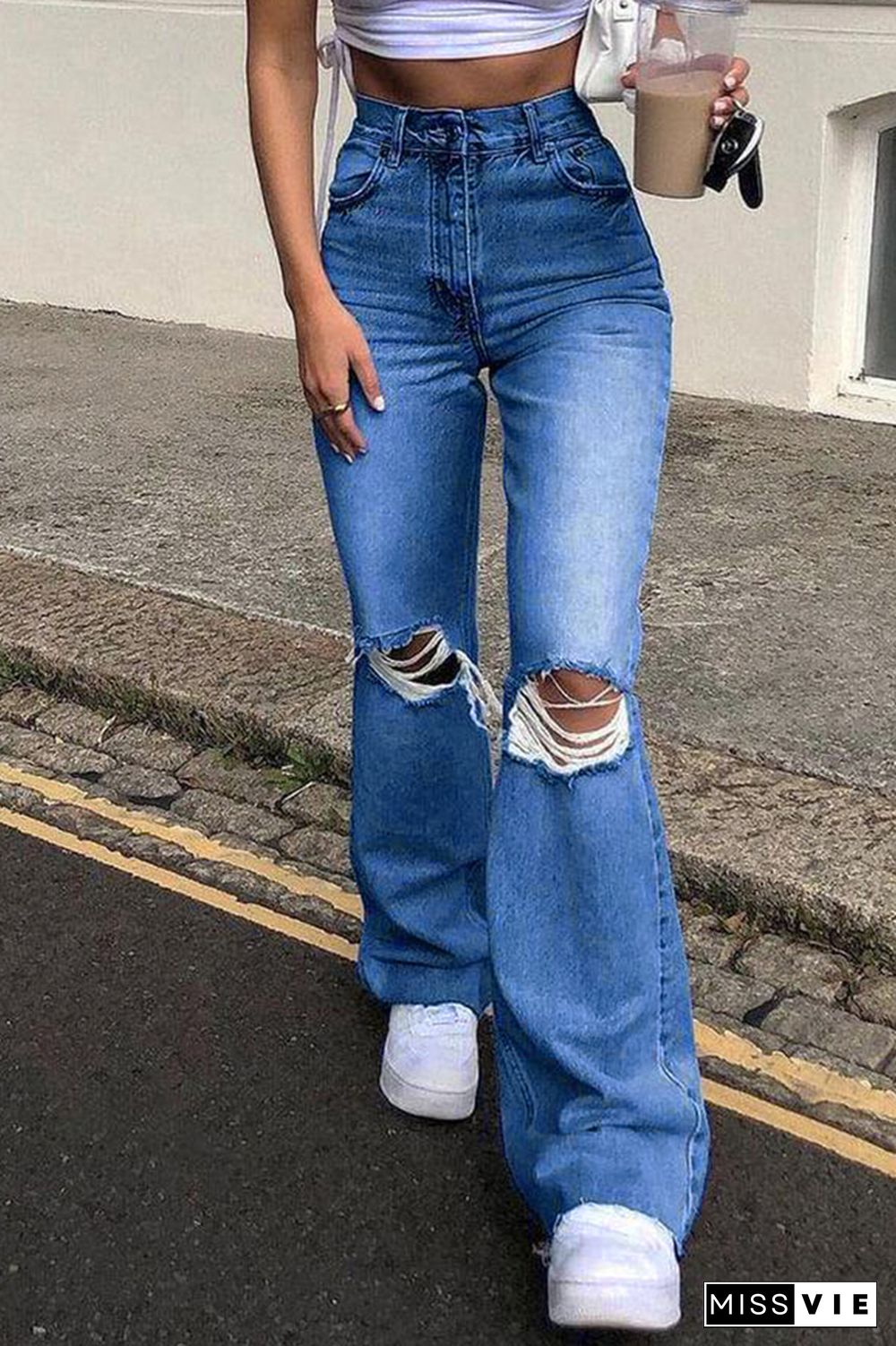 High Waist Ripped Flared Jeans Wholesale Boutique