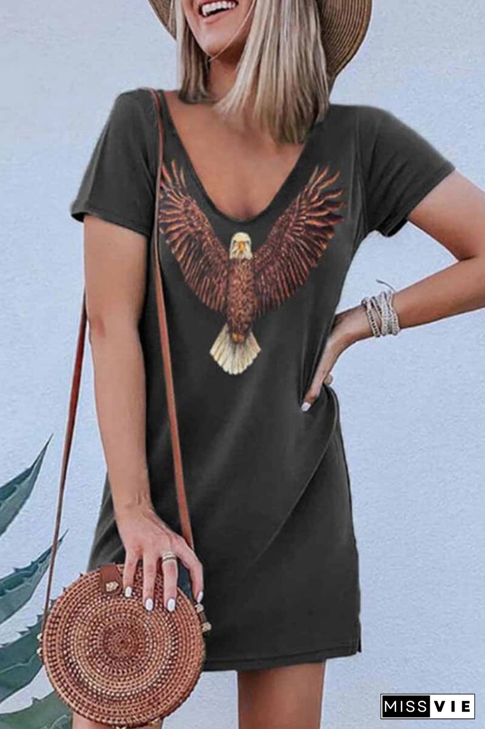 Loose V-Neck Eagle Print Short Sleeves Mini Dress