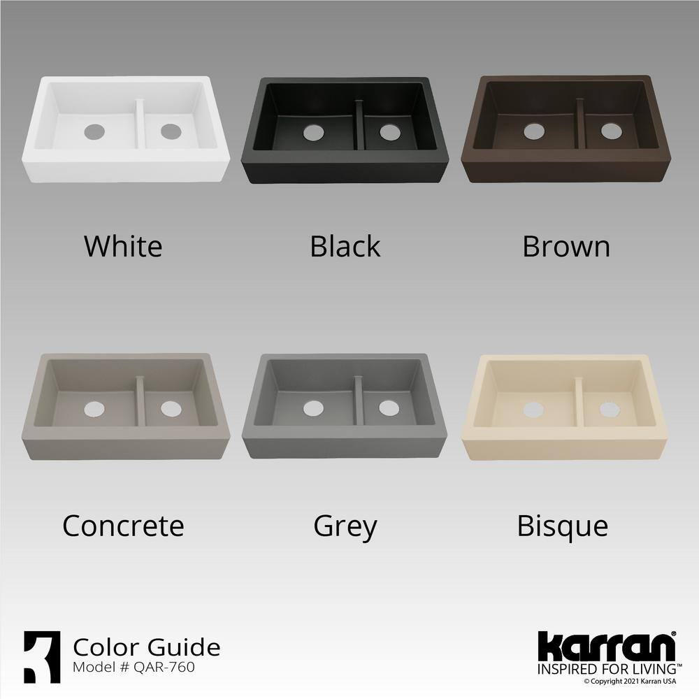 Karran QAR-760 QuartzGranite 34 in. Double Bowl 6040 Retrofit FarmhouseApron Front Kitchen Sink in white wGrid and Strainer QAR-760-WH-PK1