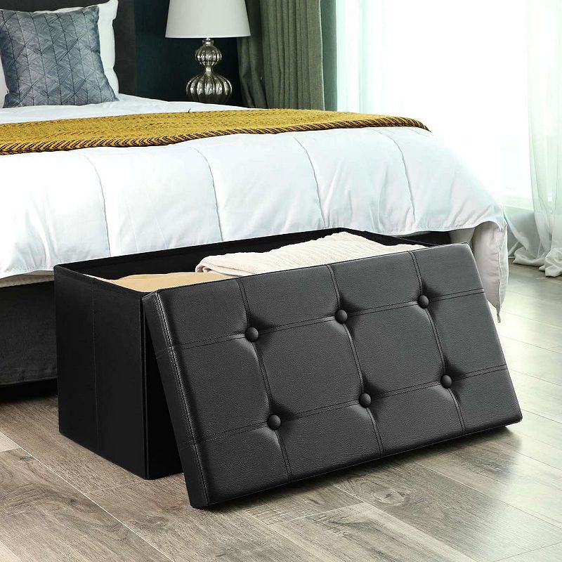 30 Inches Faux Leather Folding Storage Ottoman Bench， Storage Chest Coffee Table Padded Seat