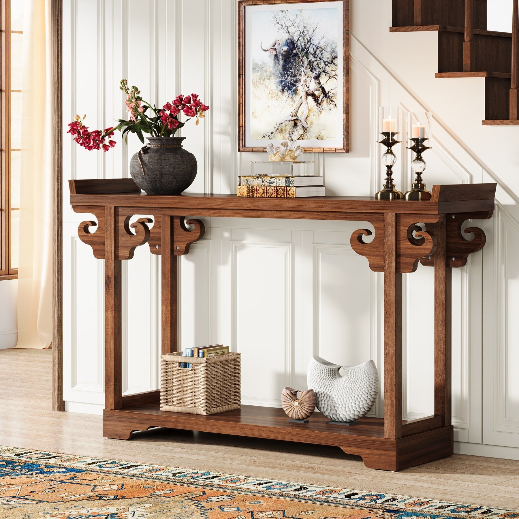 55 Inches Console Table, Farmhouse Sofa Table with 2-Tier Storage Shelves