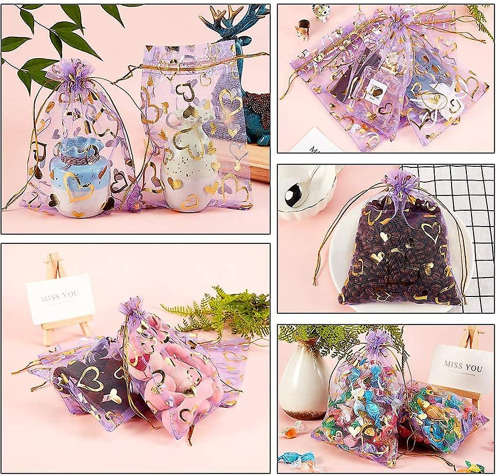 Pandahall 100 Pcs 5x7 Inches Heart Printed Mediumpurple Organza Bags Jewelry Pouch Bags Organza Drawstring Pouches Wedding Favors Bag Candy Gift Bags