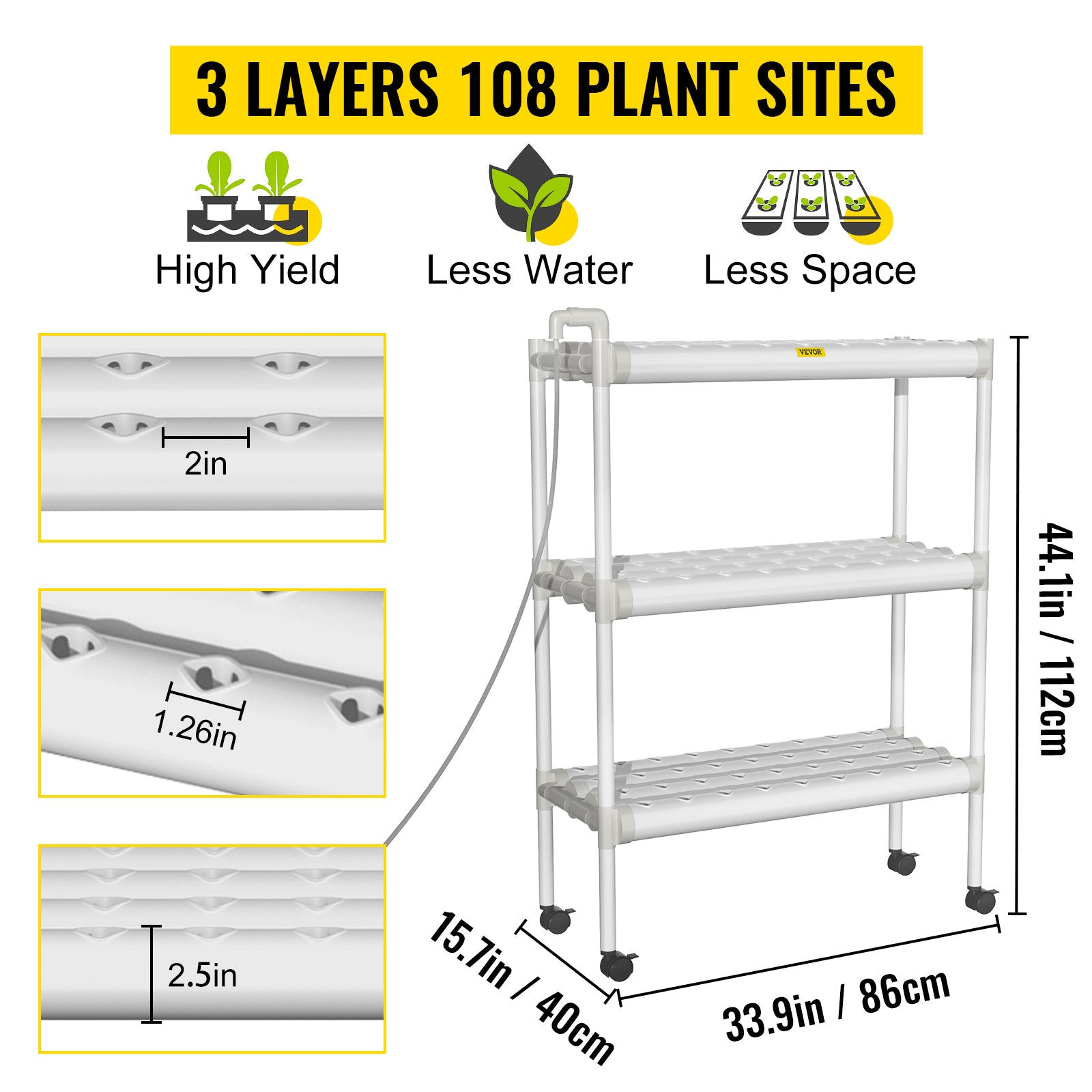 VEVOR Hydroponic Site Grow Kit 3 Layer 108 Plant Sites， 12 PVC Pipes Hydroponic Indoor Plant Growing System， Food-Grade Pipe Plant Grow Kit with Water Pump and Timer