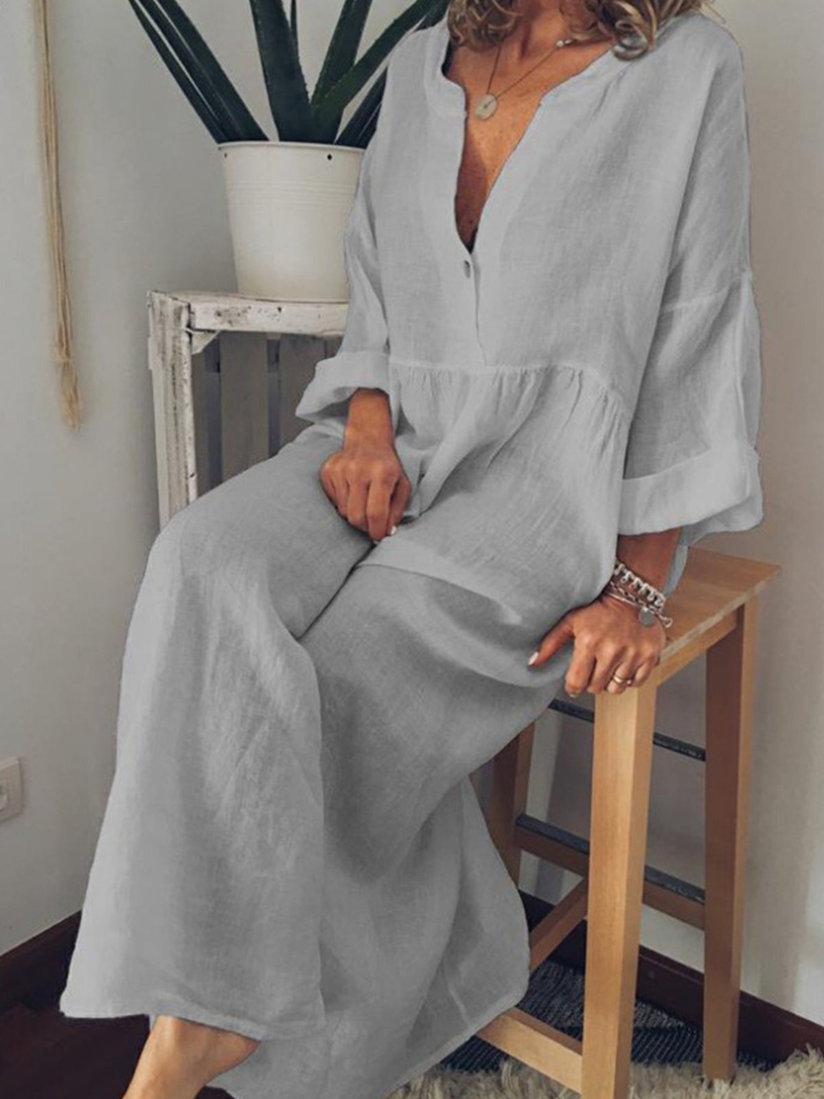 Women's Casual Pure Color Cotton Long Dress