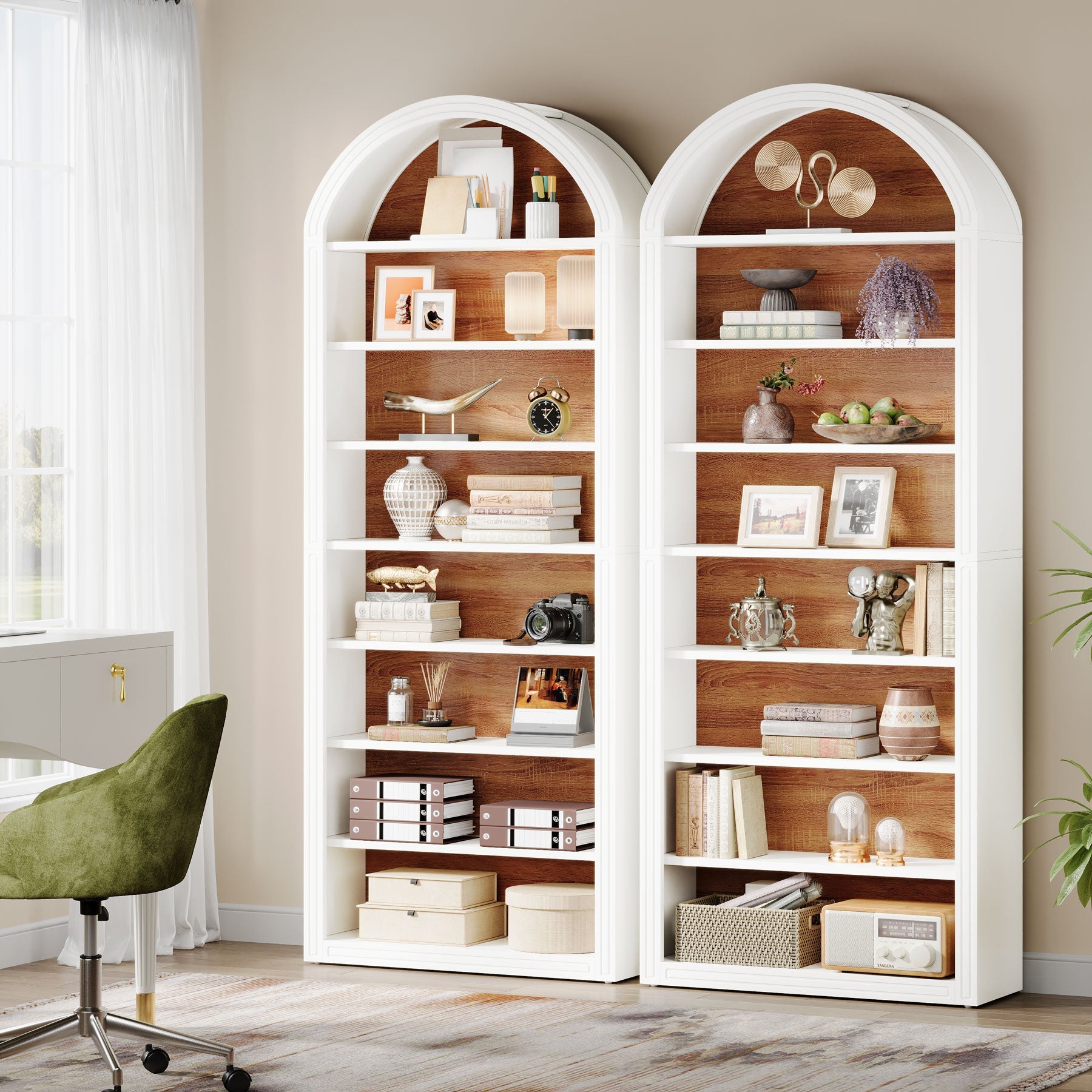 78.7 Bookshelf, Wooden Arched Bookcase Display Shelving Unit