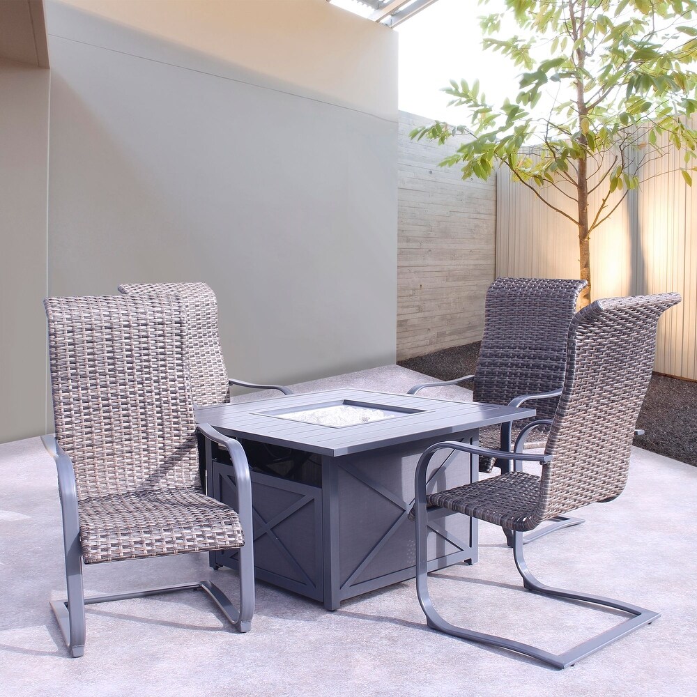 Courtyard Casual Santa Fe Dark Gray 5 Piece Square Fire Pit Set with 1 Fire Pit and 4 Wicker Spring Chairs