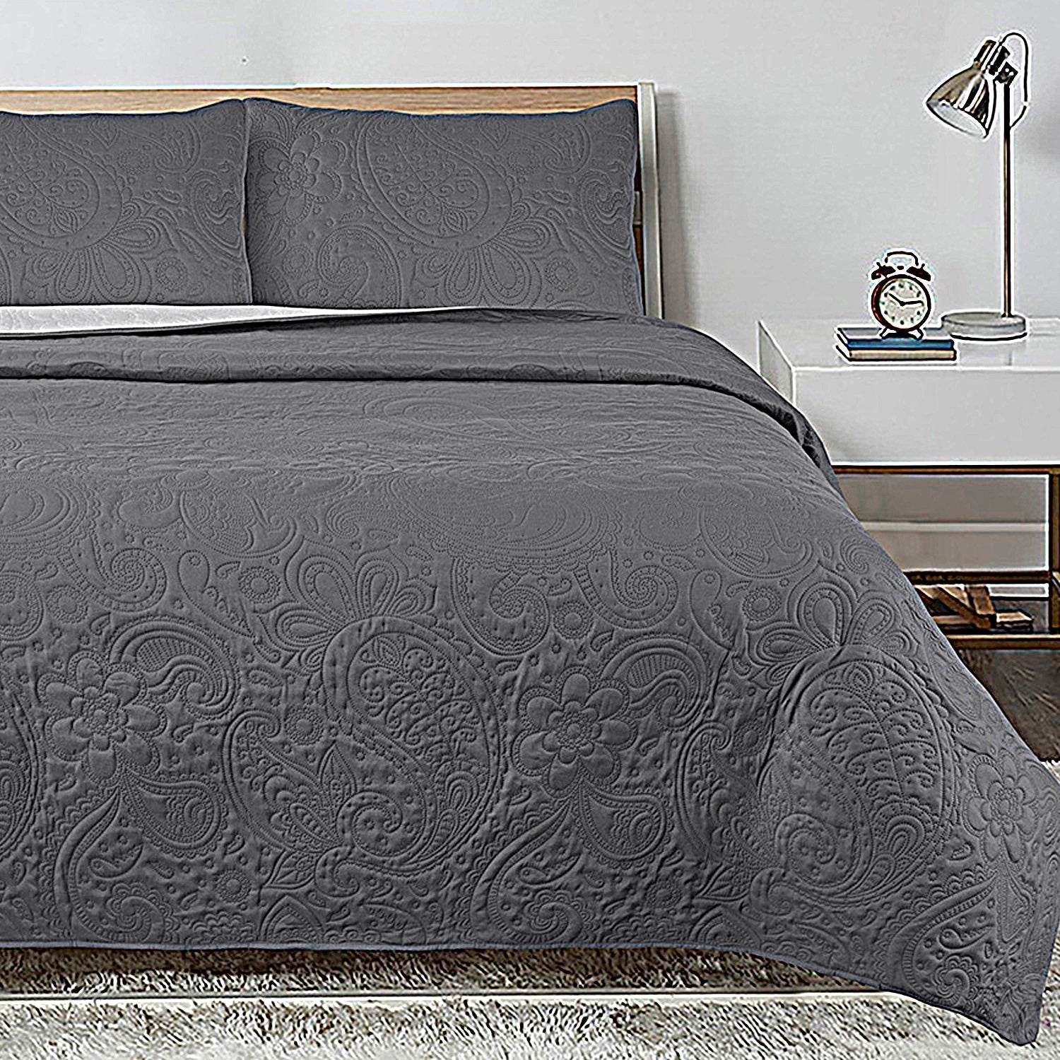 3 Piece Oversized Ultrasonic Embossed Bedspread Set with Classic Paisley Pattern - Paisley