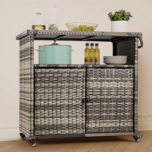 AECOJOY Outdoor Wicker Bar Cart w/Wheels and Shelf Patio Bar Table