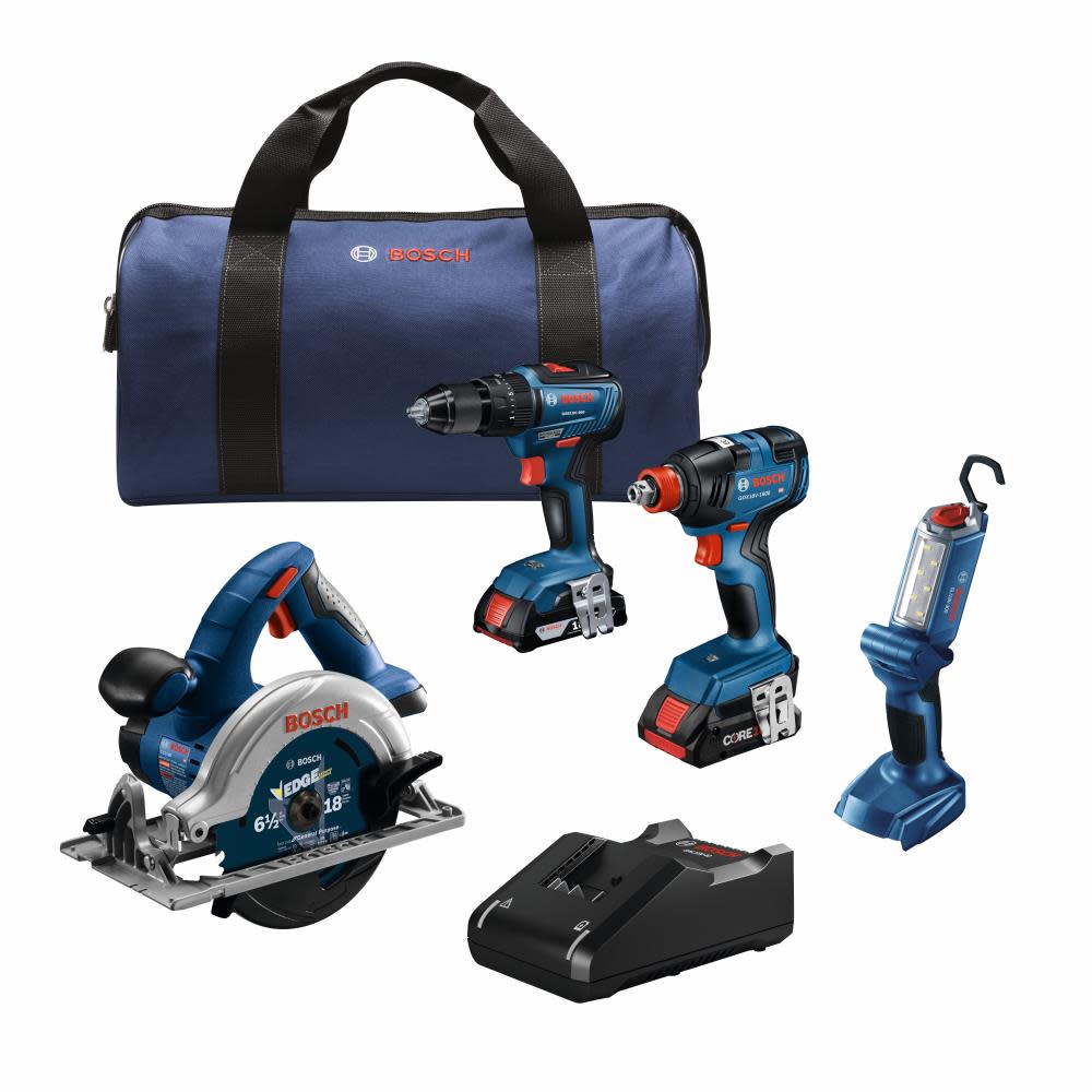 Bosch 18V 4 Tool Combo Kit with 1/4 and 1/2 Two In One Bit/Socket Impact Driver 1/2 Hammer Drill/Driver Circular Saw and LED Worklight with 1 CORE18V 4Ah Battery