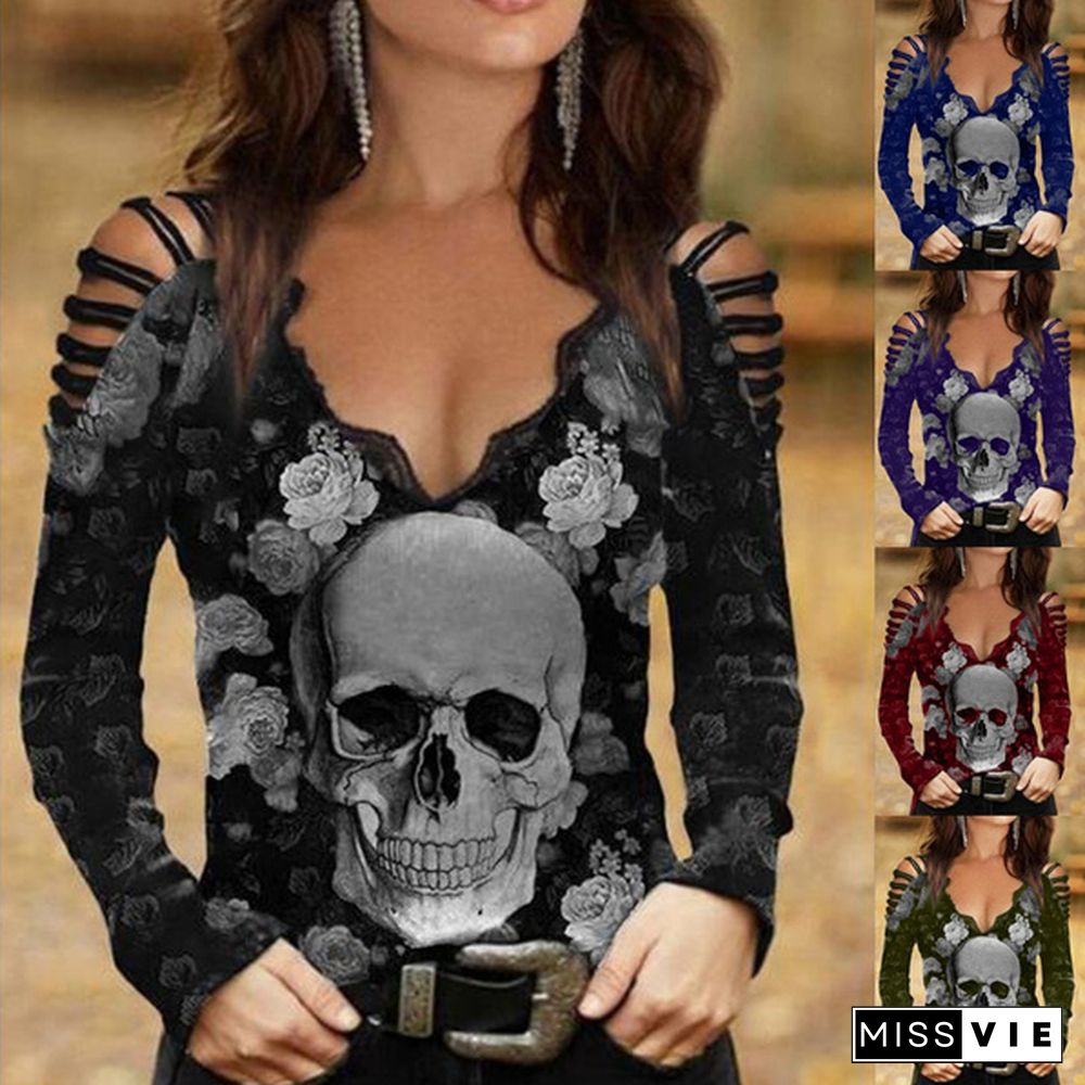 Fashion Women's V-neck Skull & Flower Print T-shirt Gothic Hollow Long Sleeve Tops Plus Size XS-5XL