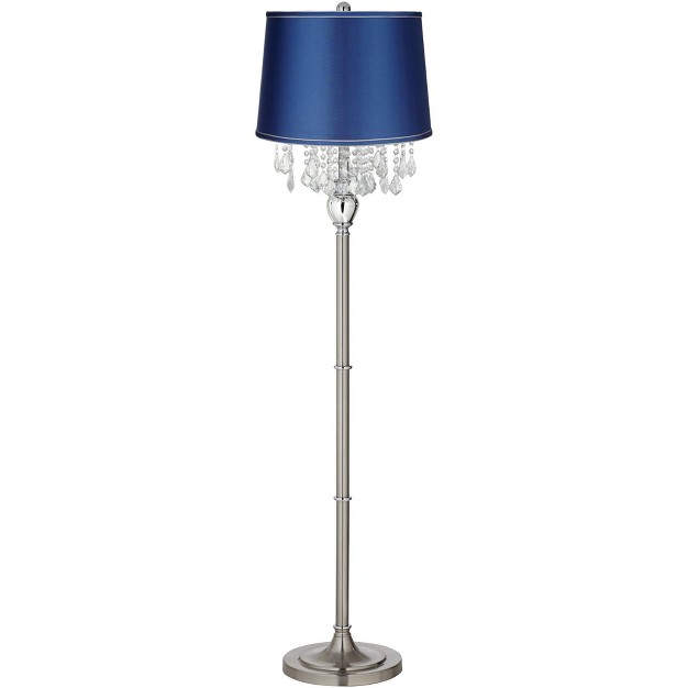 Tall Brushed Nickel Silver Crystals Medium Blue Satin Drum Shade For Living Room Bedroom Office House