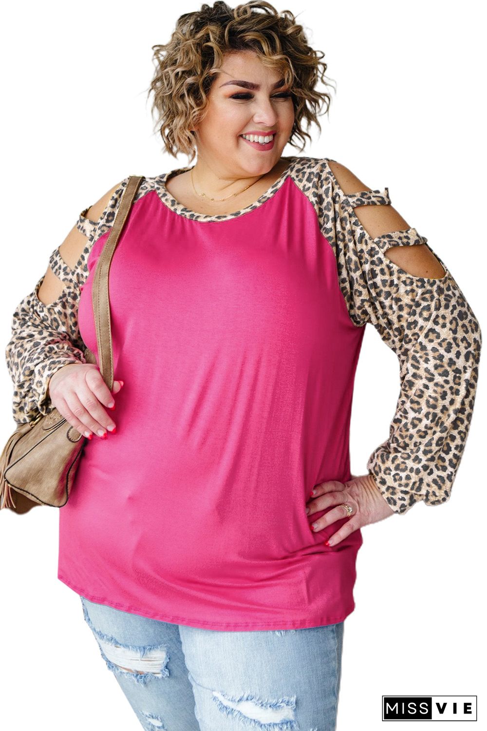 Plus Size Ladder Hollow-out Cheetah Sleeve Top