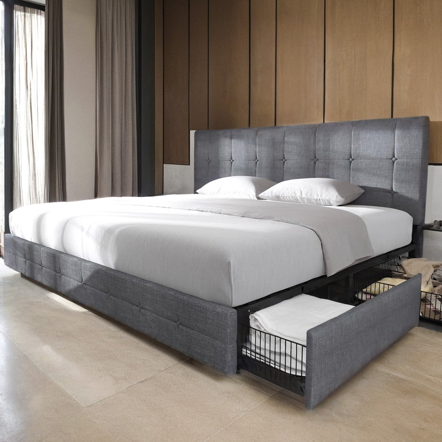 Upholstered Bed Frame with 4 Drawers Storage and Headboard with Wood Slat Support, No Box Spring Needed