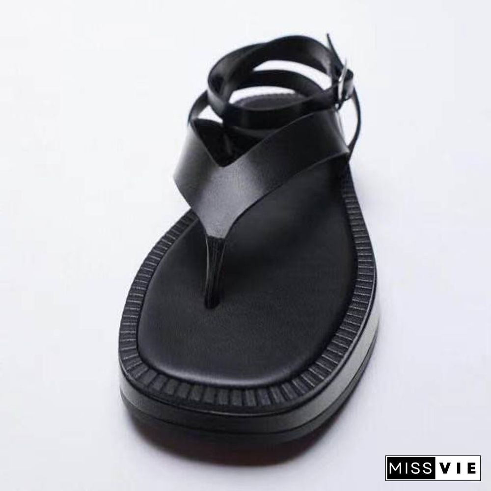 Summer Women Shoes Black Flat Leather Fashion Sandals Flip-flop ZA Lace-up Thick-soled Ankle Strap Sandals For Women