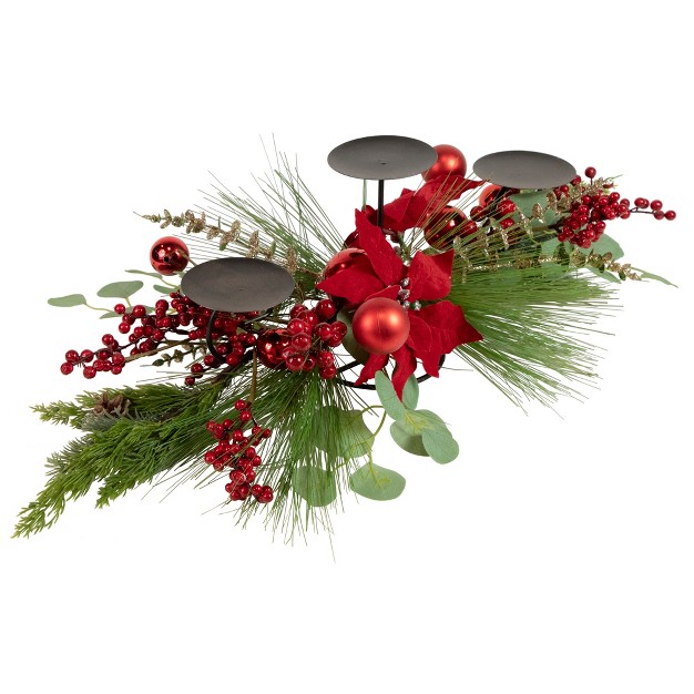 Triple Candle Holder With Red Berry And Poinsettia Christmas Decor