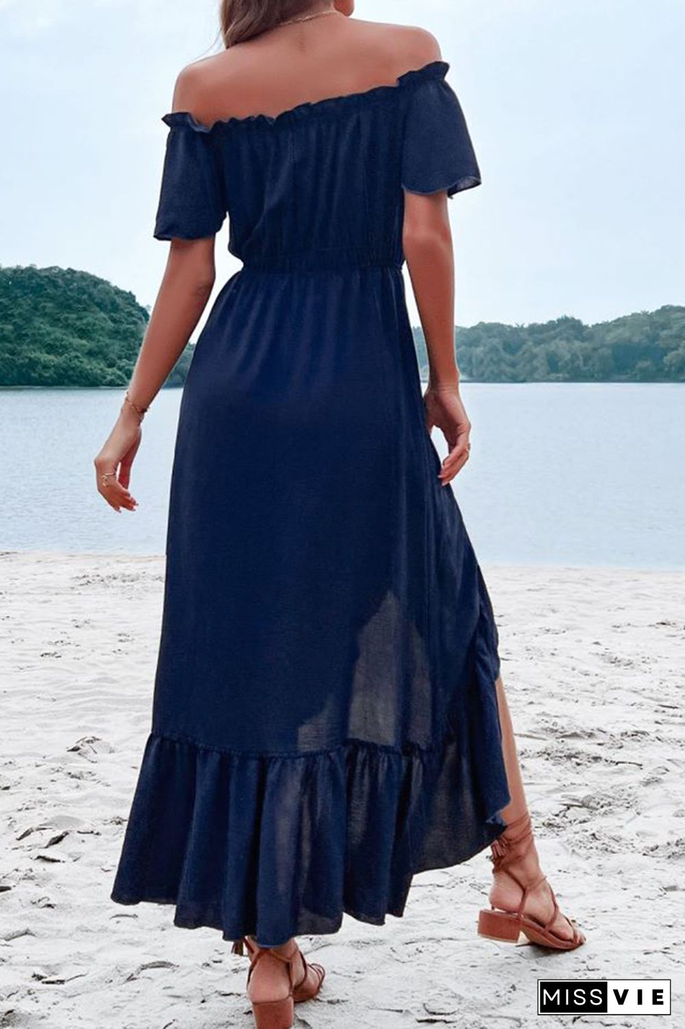 Navy Off Shoulder Button Down Drawstring High Low Ruffle Maxi Dress