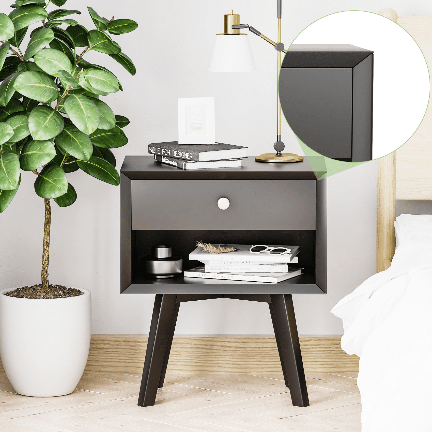 Semiocthome Black Matte Vintage Diana 1 Drawer Nightstand 23