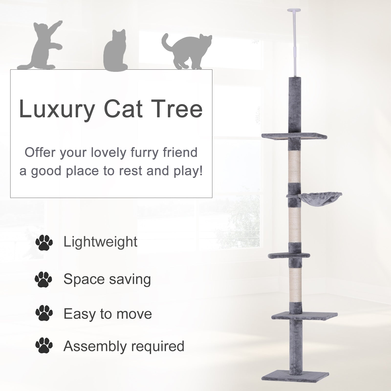 Pawhut Adjustable Height Floor To Ceiling Vertical Cat Tree, Gray and White, 9'