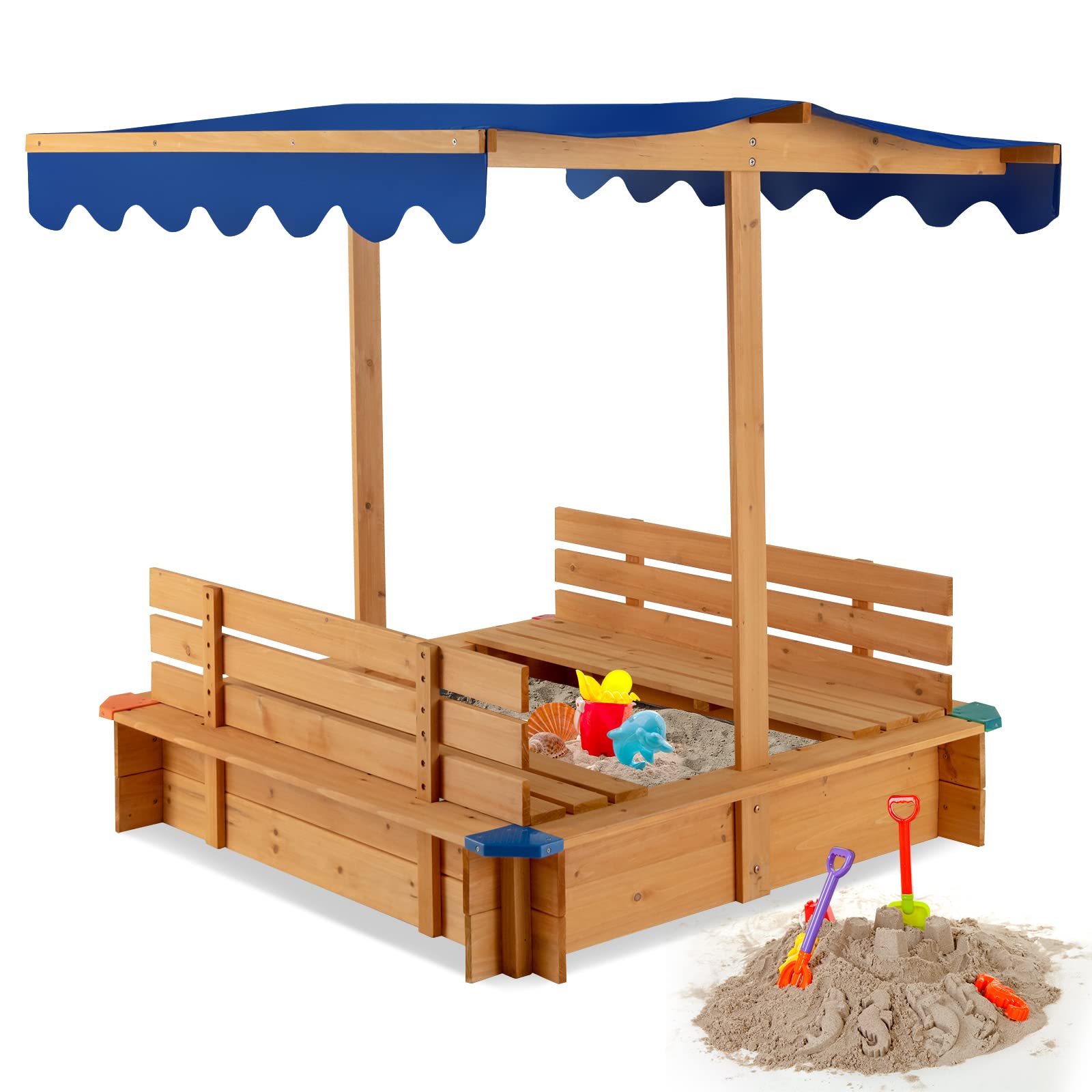 Costzon Kids Wooden Sandbox with Canopy, 2 Bench Seats w/ Backrest