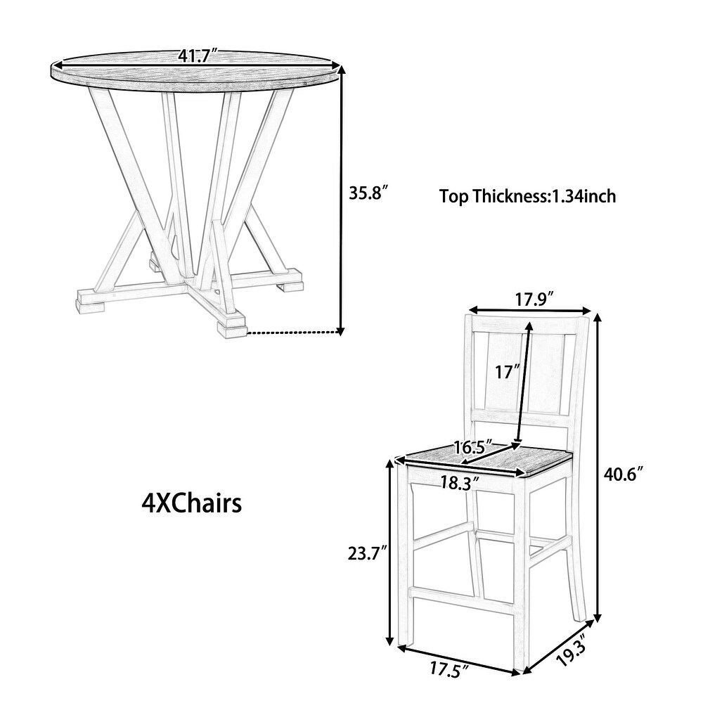 5 Pcs Counter Height Dining 41.7inch Round Table Set  Round Kitchen Set with 4 Slatted Back Dining Chairs
