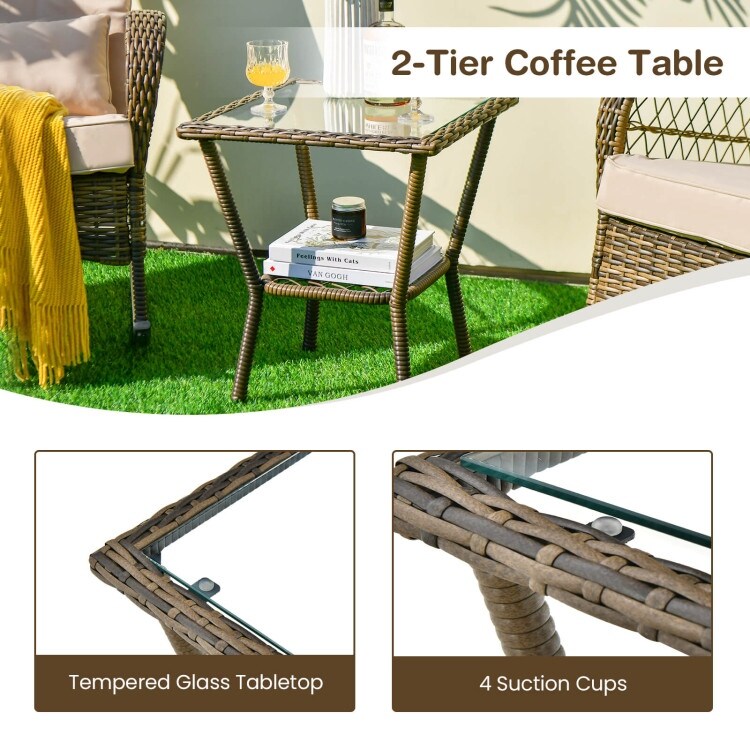 3 Pieces Outdoor Hand Woven PE Rattan Conversation Set with Tempered Glass Side Table Beige   N/A