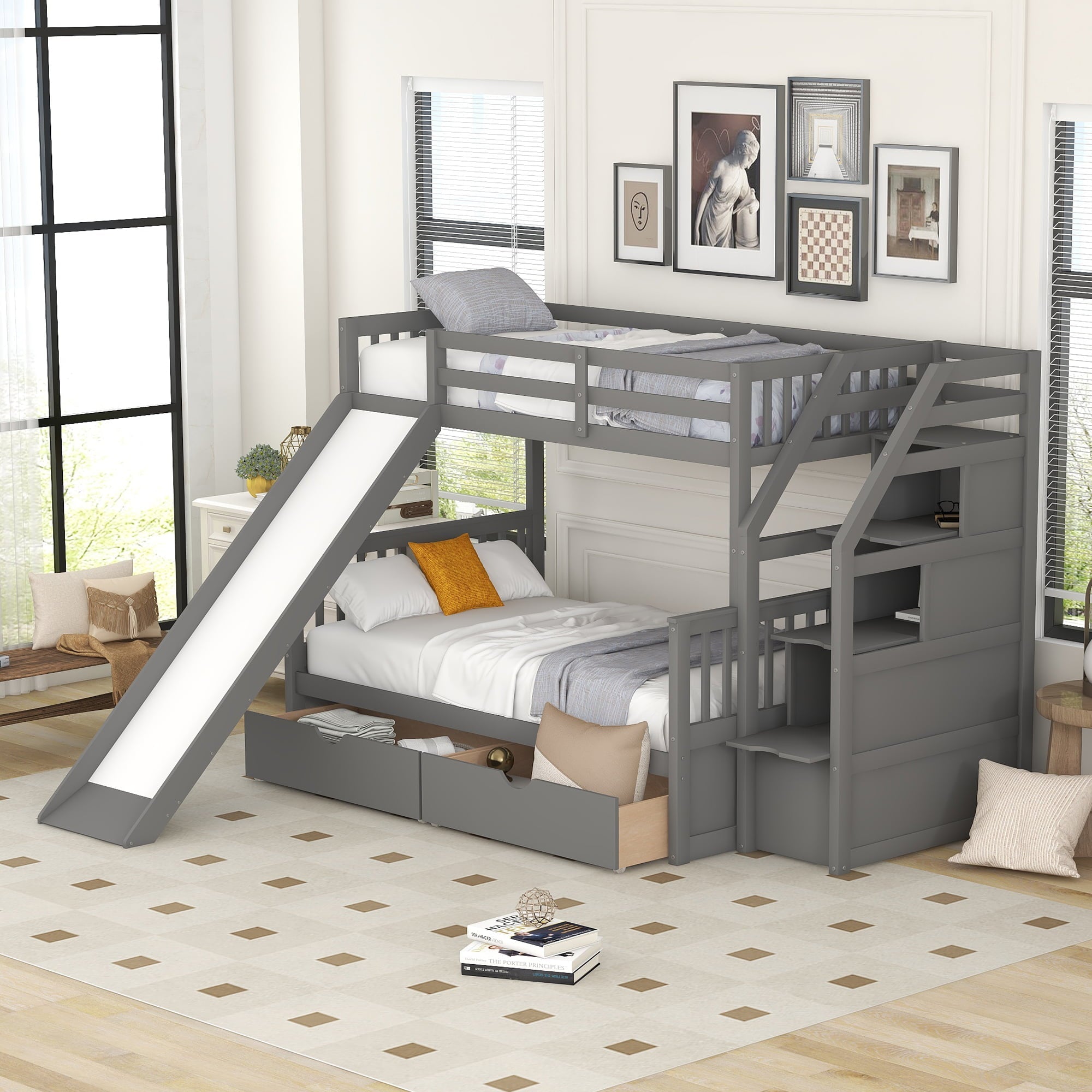 Bellemave Twin Over Full Bunk Bed with Stairs and Slide, Solid Wood Bunk Bed Frame with Storage Drawers for Kids Boys Girls Teens （Grey)