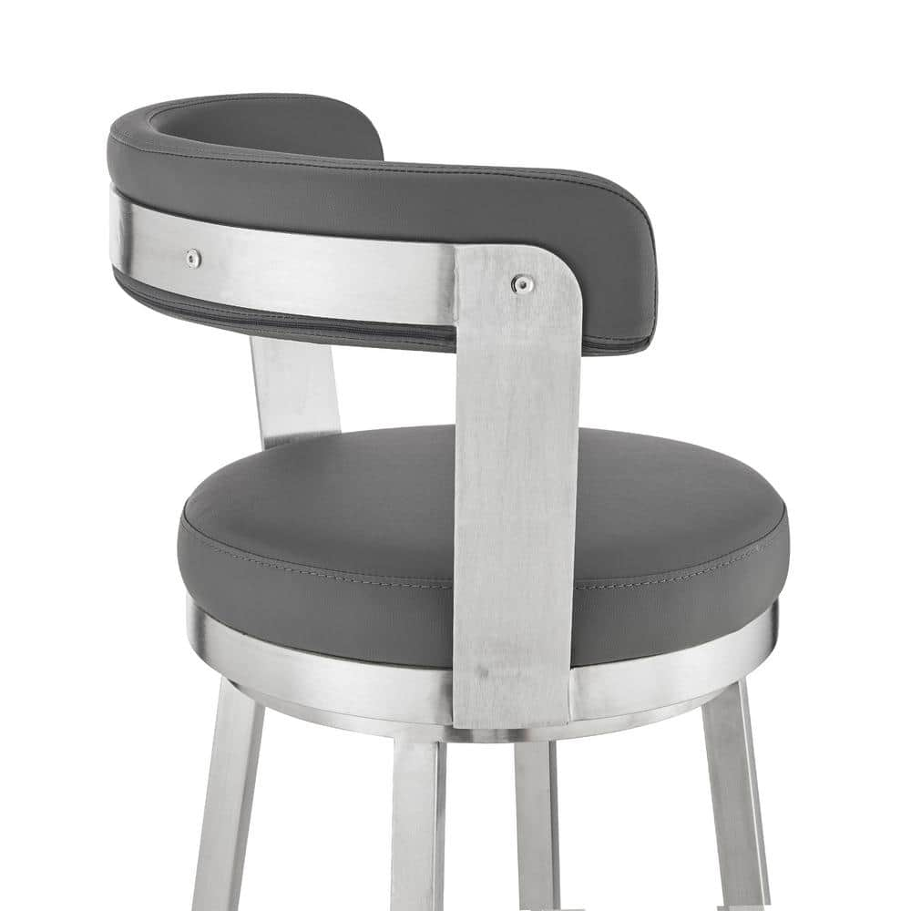 Armen Living Kobe 30 in. Bar Height Low Back Swivel Bar Stool in Brushed Stainless Steel and Grey Faux Leather 721535761814