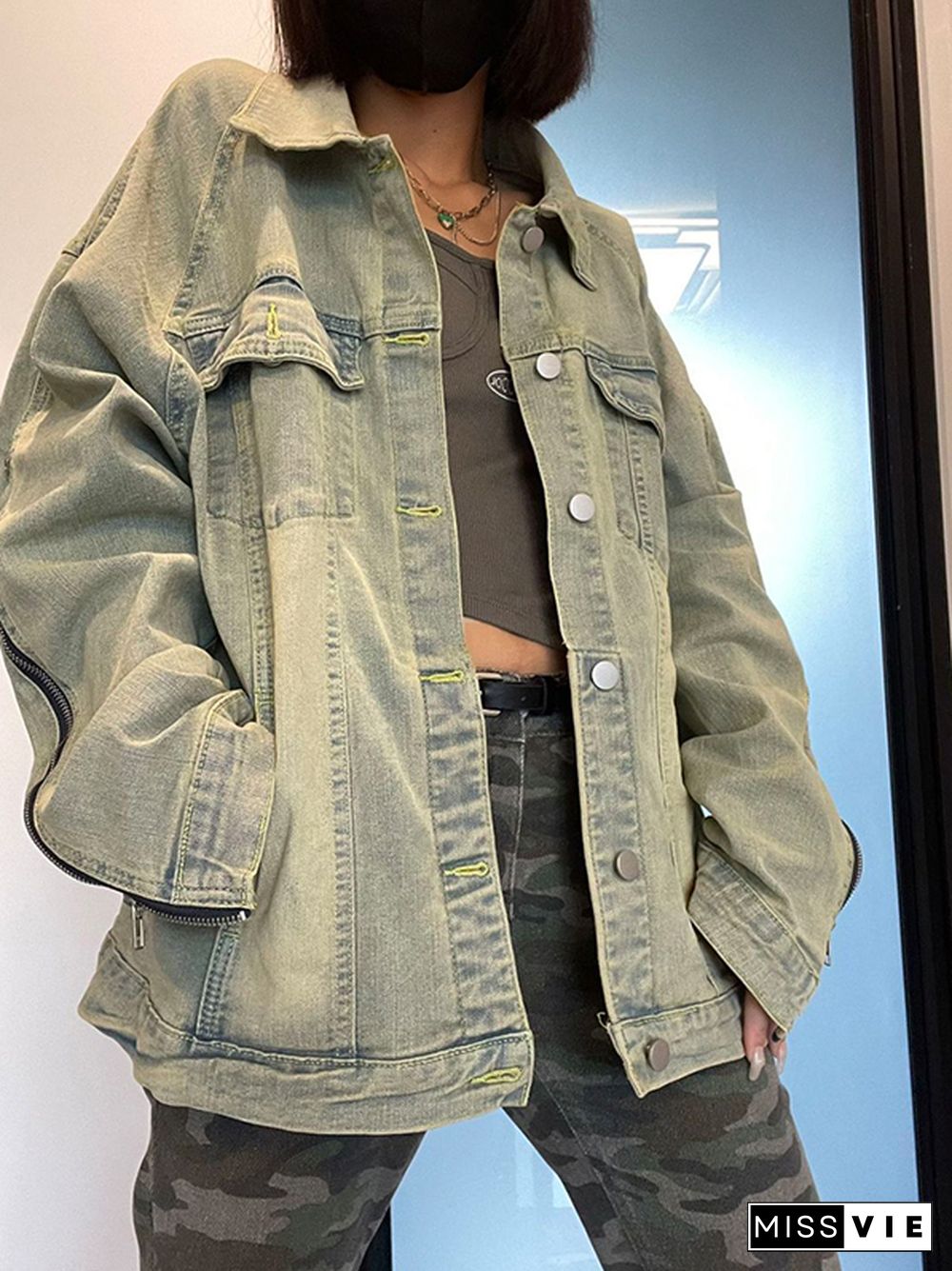 Distressed Washed Green Zip Up Jacket