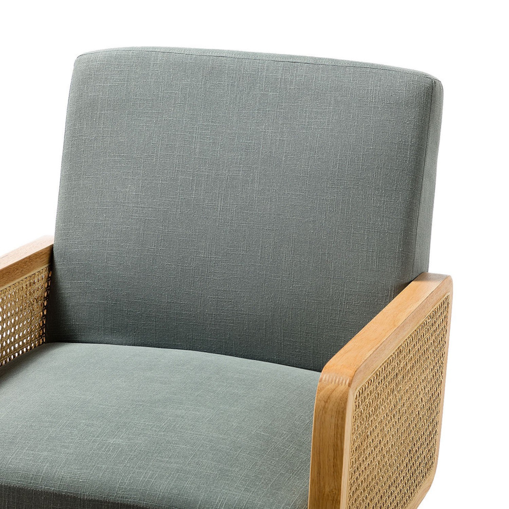 Retro Accent Chair  Natural Wooden Arms With Wicker Accent and Velvet Seat   Tropical   Armchairs And Accent Chairs   by Declusia  Houzz