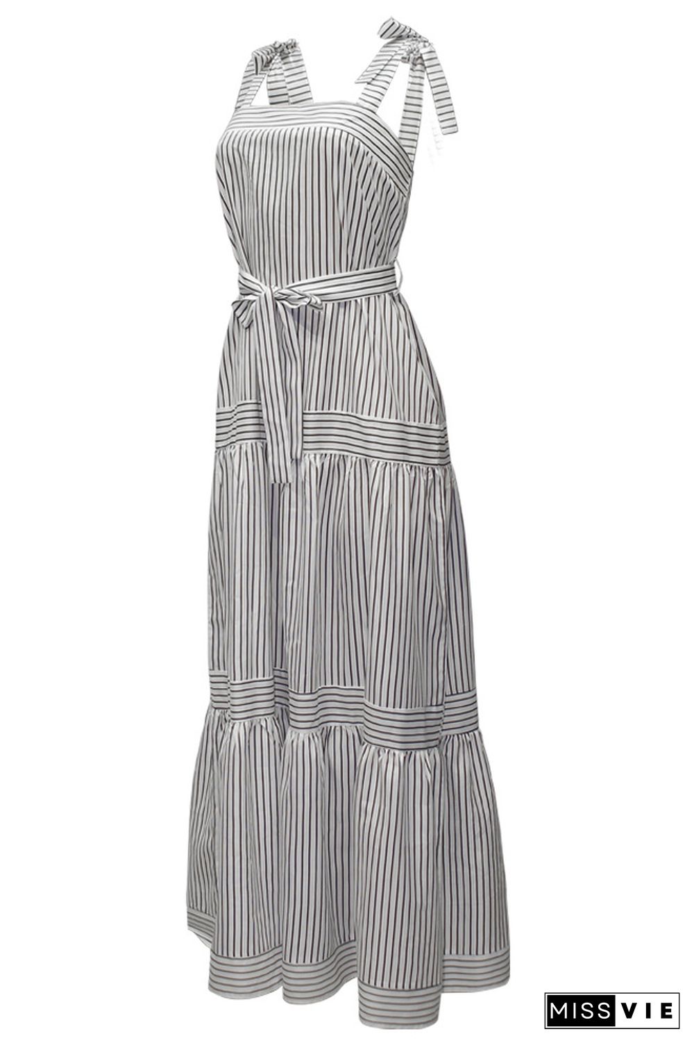 White Pin Striped Spaghetti Strap Tiered Maxi Dress