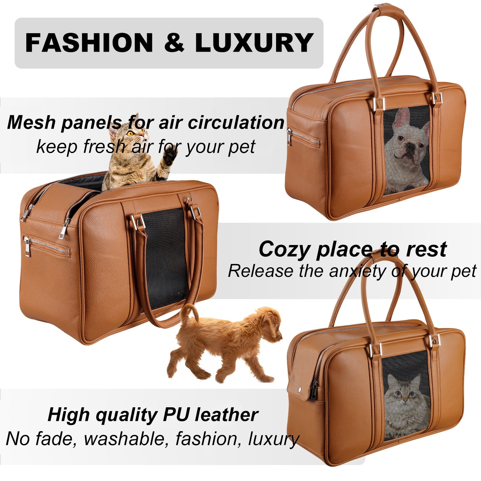 Fashion Dog Purse Carrier for Small Dogs with 2 Extra Pockets， Holds Up to 10lbs Pu Leather Cloth Pet Carrier， Cat Carrier， Airline Approved Puppy Purse Carrier for Travel (Brown， Small Size)