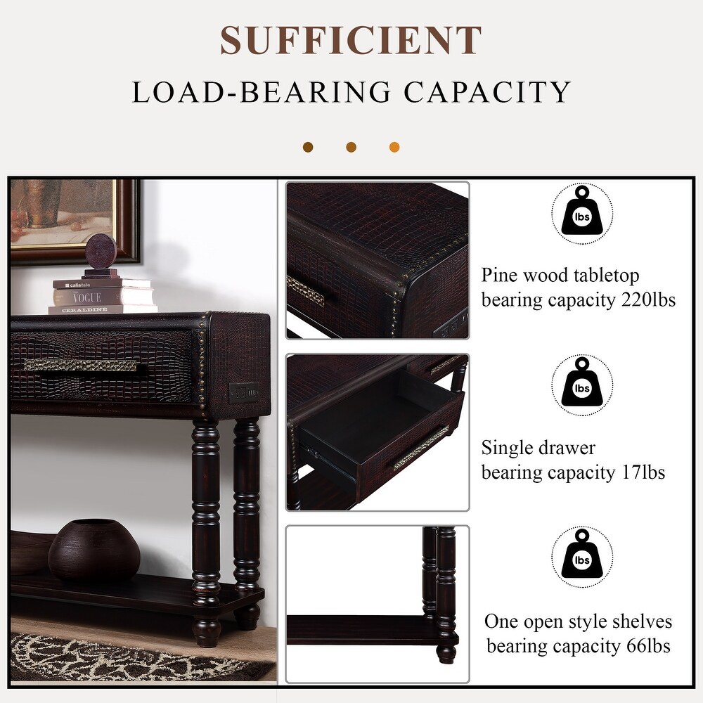 Imitation Crocodile Skin Apperance Sofa Table Wood Console Table with Two Drawers  2 Power Outlets and 2 USB Ports