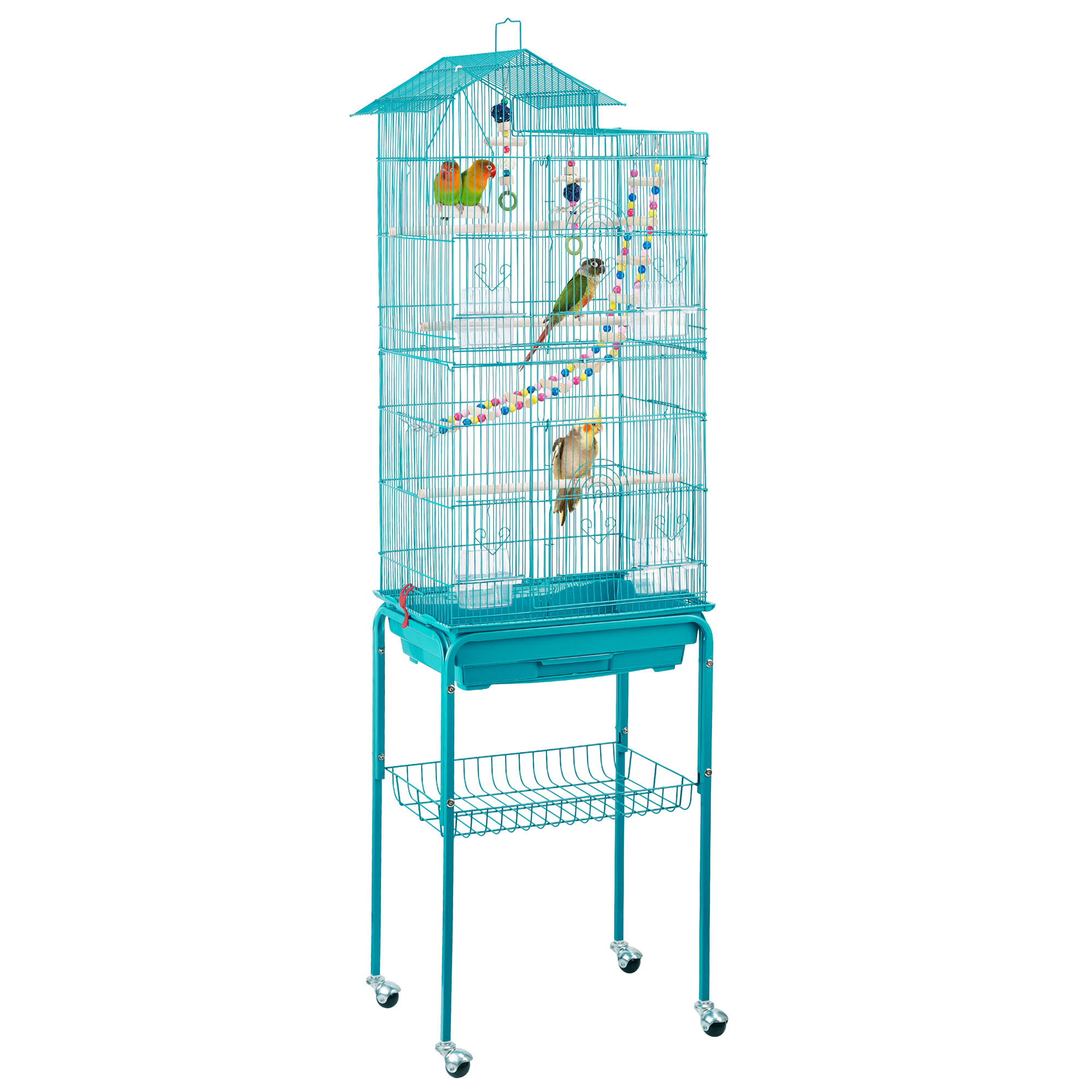 Topeakmart Teal Blue Metal Bird Cage with Ladder Toy and Rolling Detachable Stand， 62.4 H