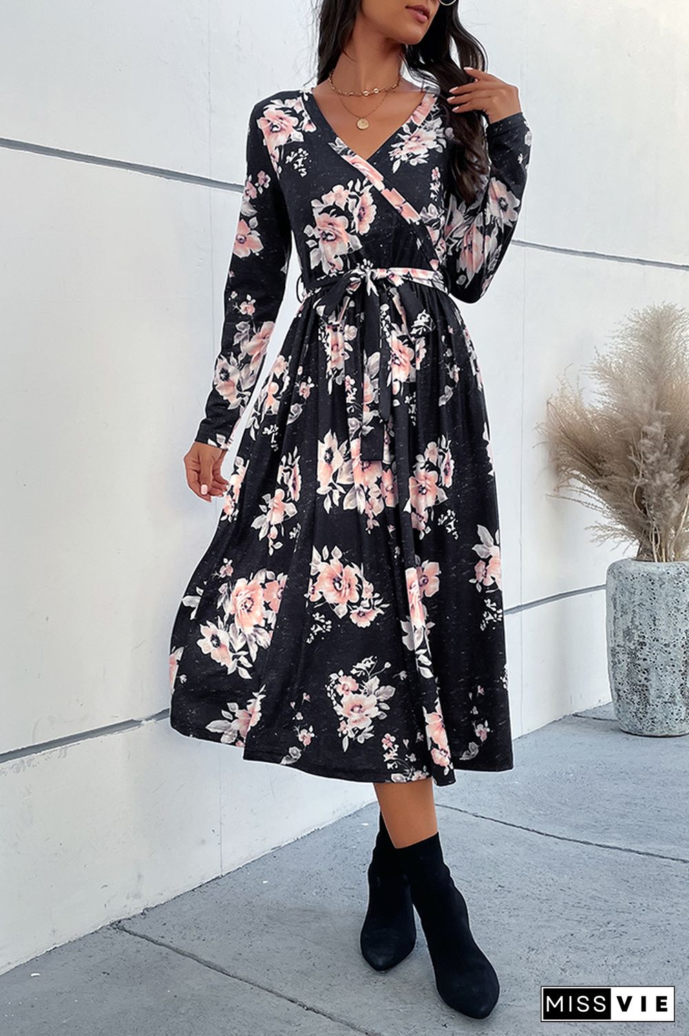 Wrap V Neck Floral Midi Dress