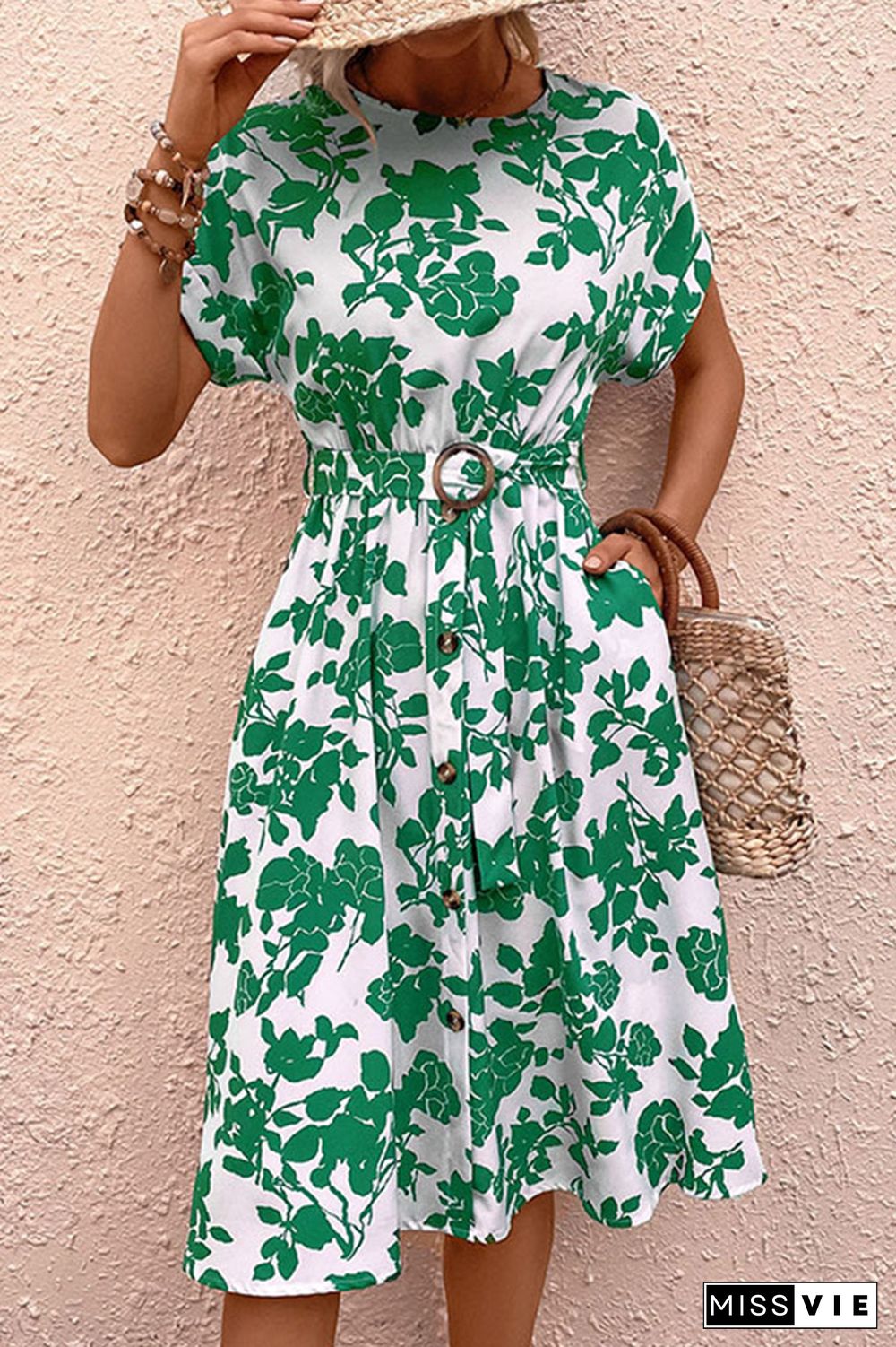 Green Flower Print Dress with Belt