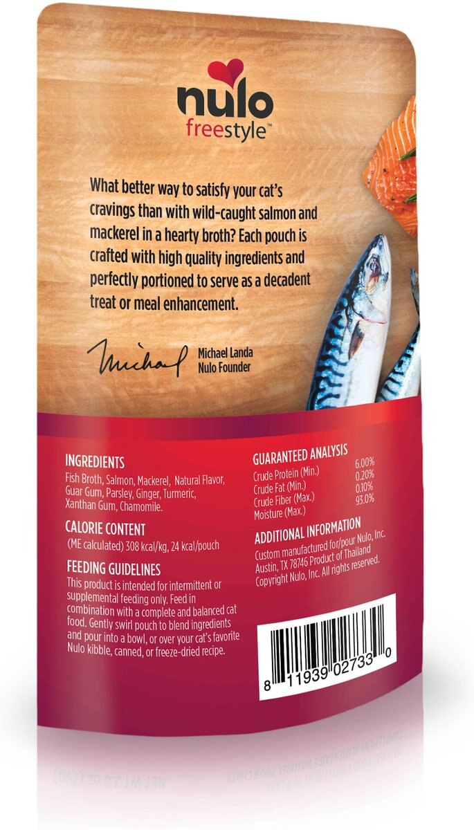 Nulo FreeStyle Chunky Salmon and Mackerel Broth Wet Cat Food， 2.8-oz pouch， case of 24