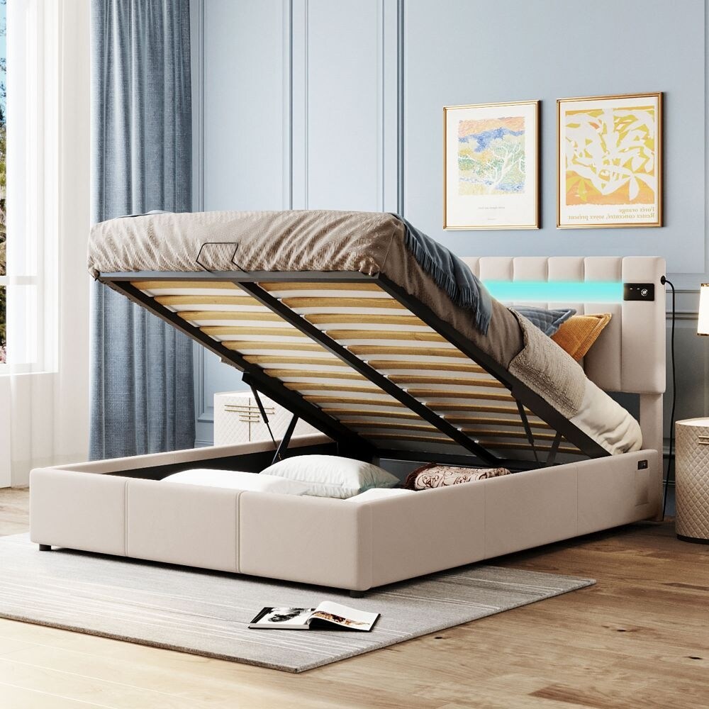 Upholstered Bed Queen Size with LED light  Bluetooth Player and USB Charging  Hydraulic Storage Bed