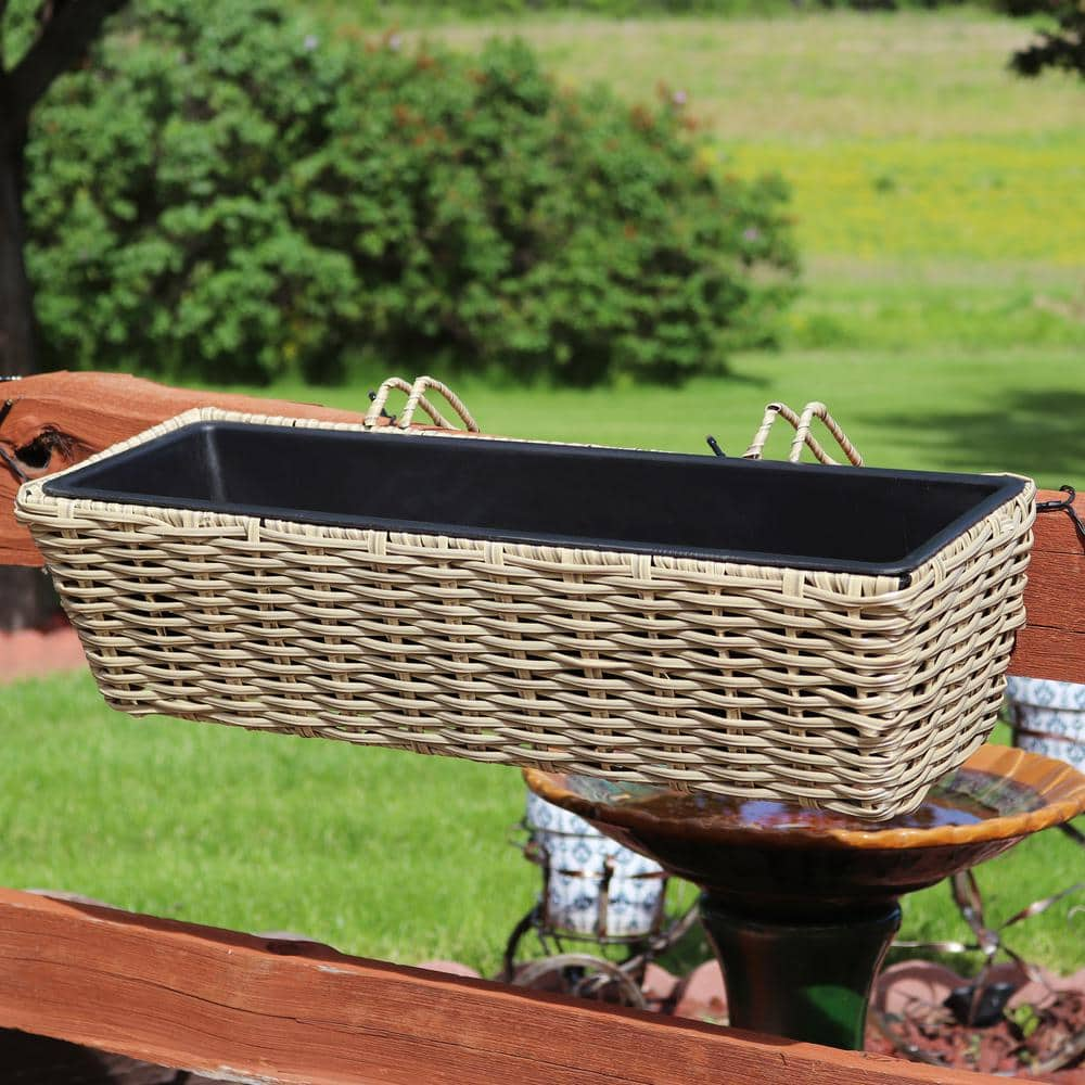 Sunnydaze Decor Sunnydaze Hanging Rectangle Polyrattan Rail Planter with Liner - Light Brown NHU-553