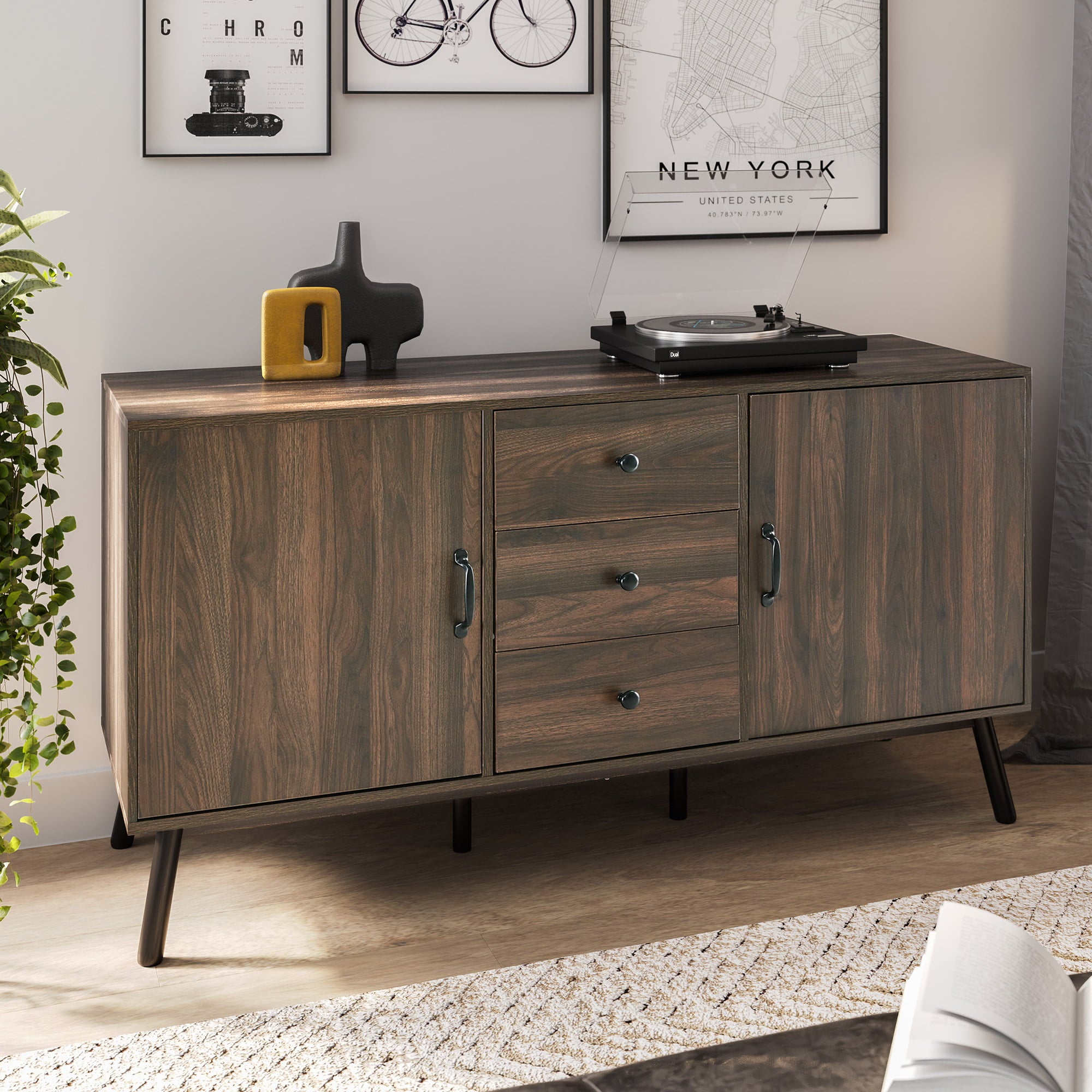 BELLEZE Sideboard Kitchen Buffet and TV Stand - Hughes (Dark Walnut)